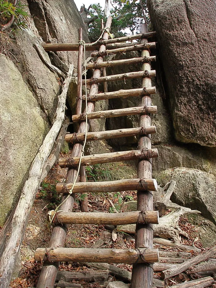 登山道の丸太梯子