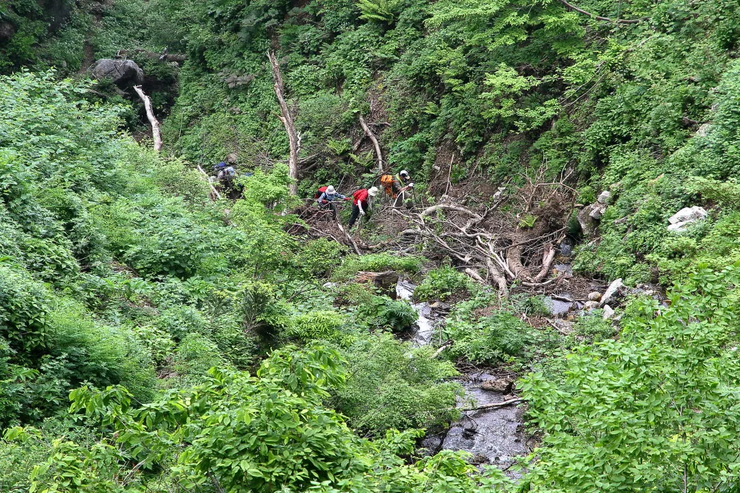 谷筋を五銚子の滝に向うグループ