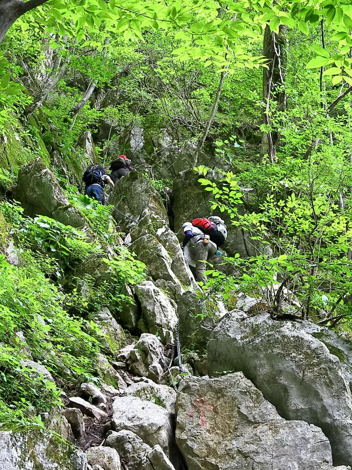 岩場を登る登山者